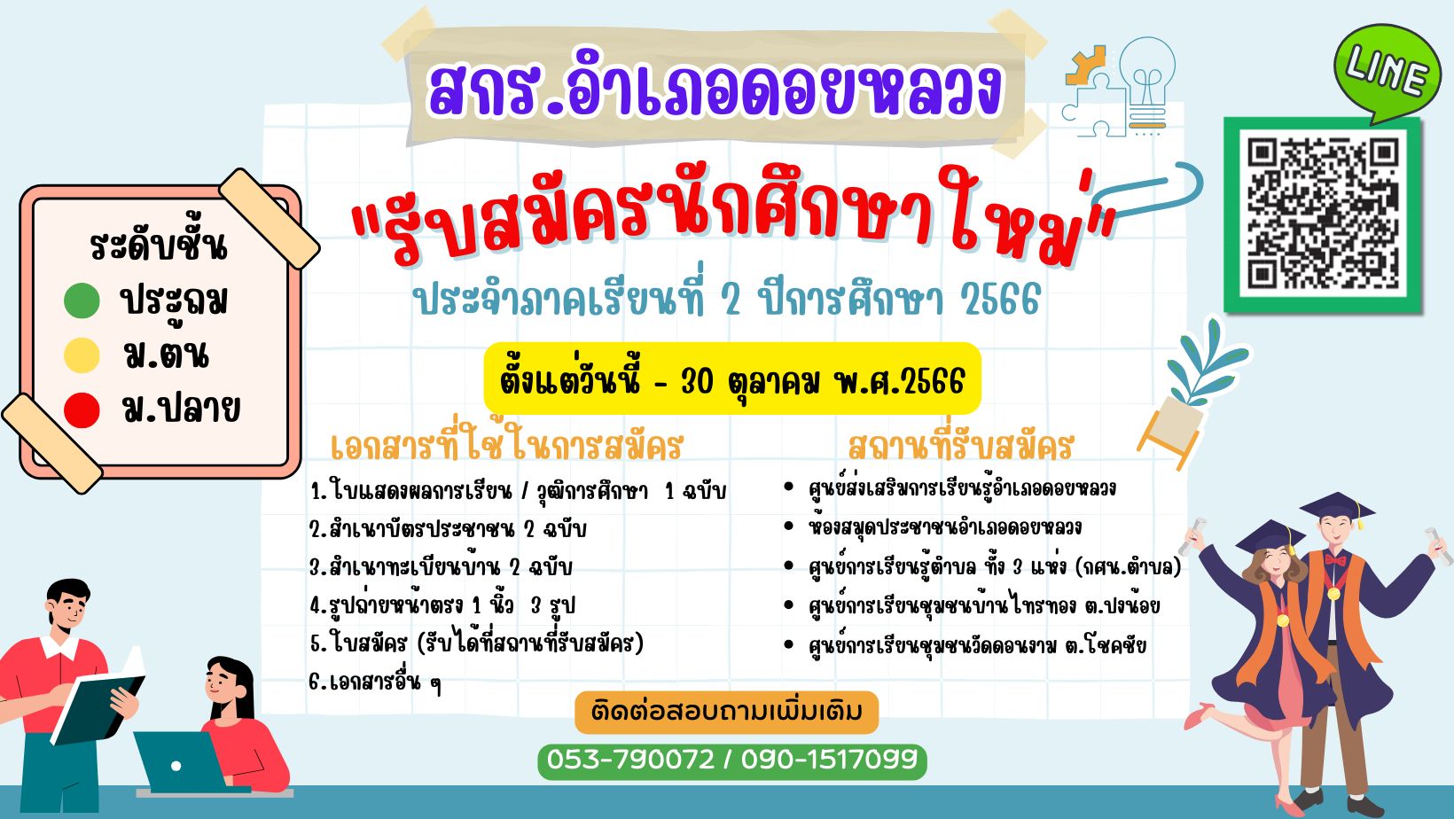 ศูนย์ส่งเสริมการเรียนรู้อำเภอดอยหลวง เปิดรับสมัครนักศึกษาใหม่ภาคเรียนที่ 1/2567 สมัครเรียนได้ที่ สกร.อำเภอดอยหลวง ศกร.ตำบลทุกแห่ง ศรช.วัดดอนงาม,ศรช.บ้านไทรทอง