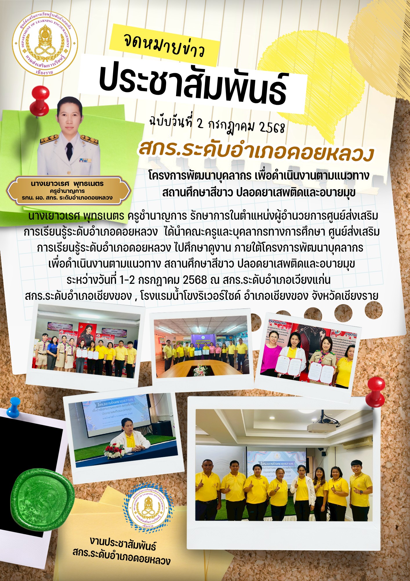 โครงการพัฒนาบุคลากร เพื่อดำเนินงานตามแนวทาง สถานศึกษาสีขาว ปลอดยาเสพติดและอบายมุข รวมถึงยังได้มีการทำบันทึกข้อตกลง MOU ระหว่างสถานศึกษากับสถานศึกษา และระหว่างห้องเรียนกับห้องเรียน ระหว่างวันที่ 1-2 กรกฏาคม 2568
