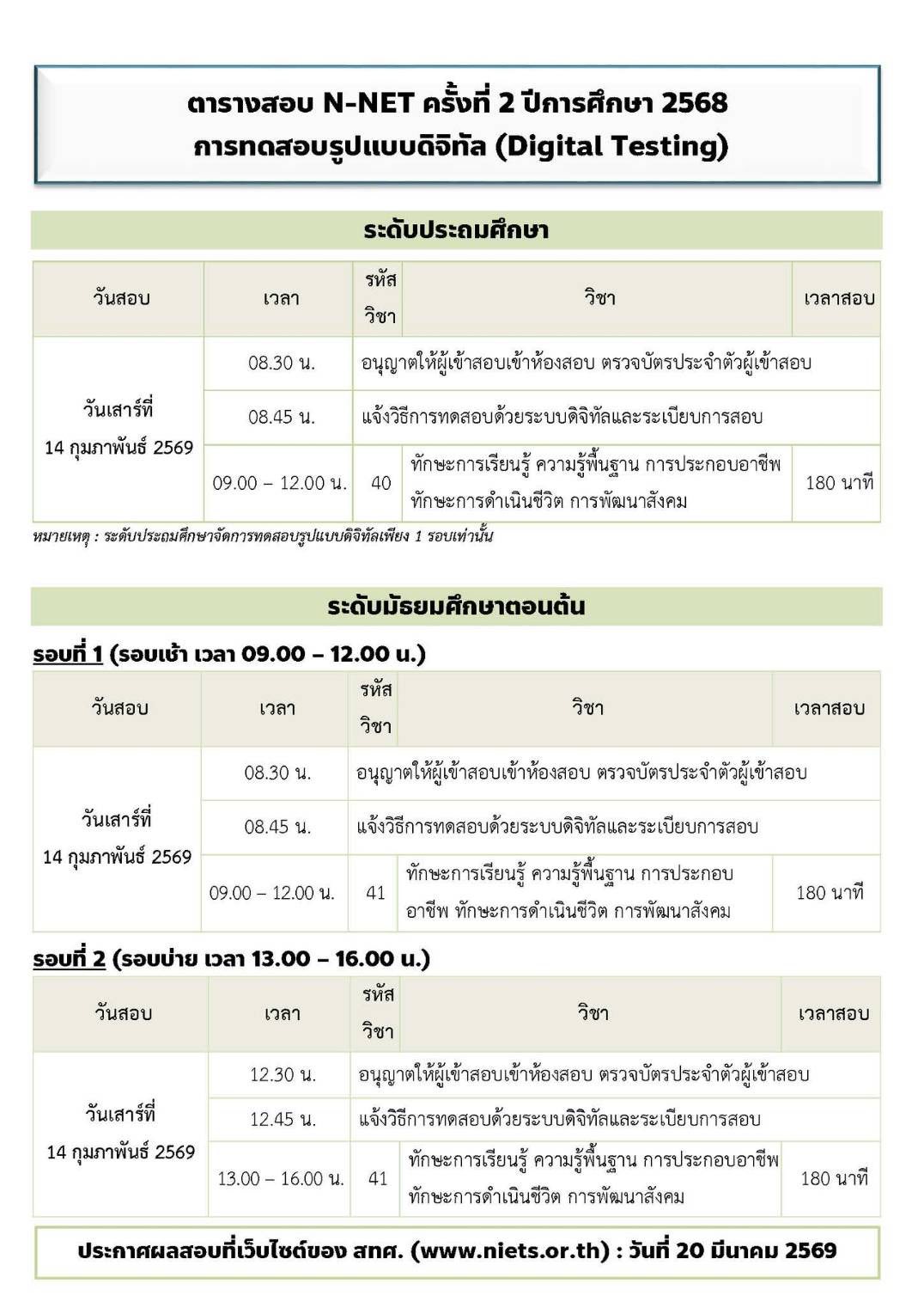 ตารางสอบ N-NET ครัังที่ 2 ปีการศึกษา 2568