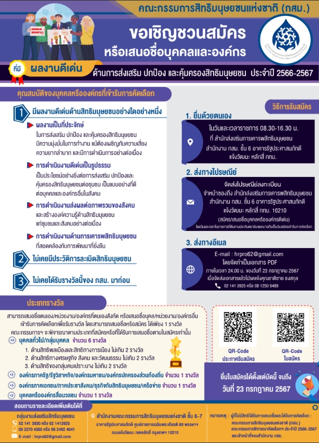 ประชาสัมพันธ์ การรับสมัครบุคคลและองค์กรที่มีผลงานดีเด่นด้านการส่งเสริมปกป้องคุ้มครองสิทธิมนุษยชน ประจำปี 2566-2567 สำนักงานคณะกรรมการสิทธิมนุษยชนแห่งชาติ